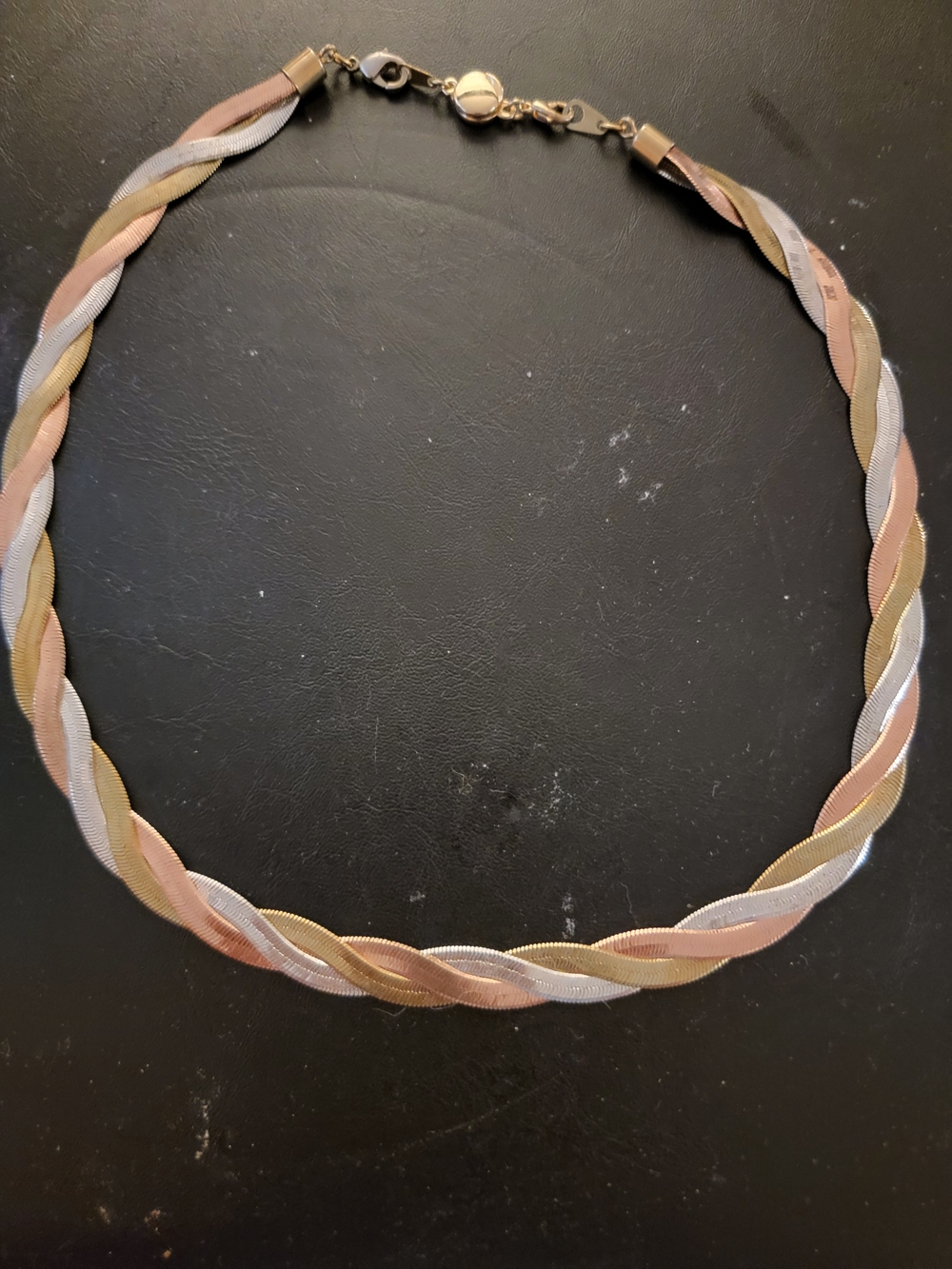 Tri-Tone Braided Women’s Necklace — Gold, Silver & Rose